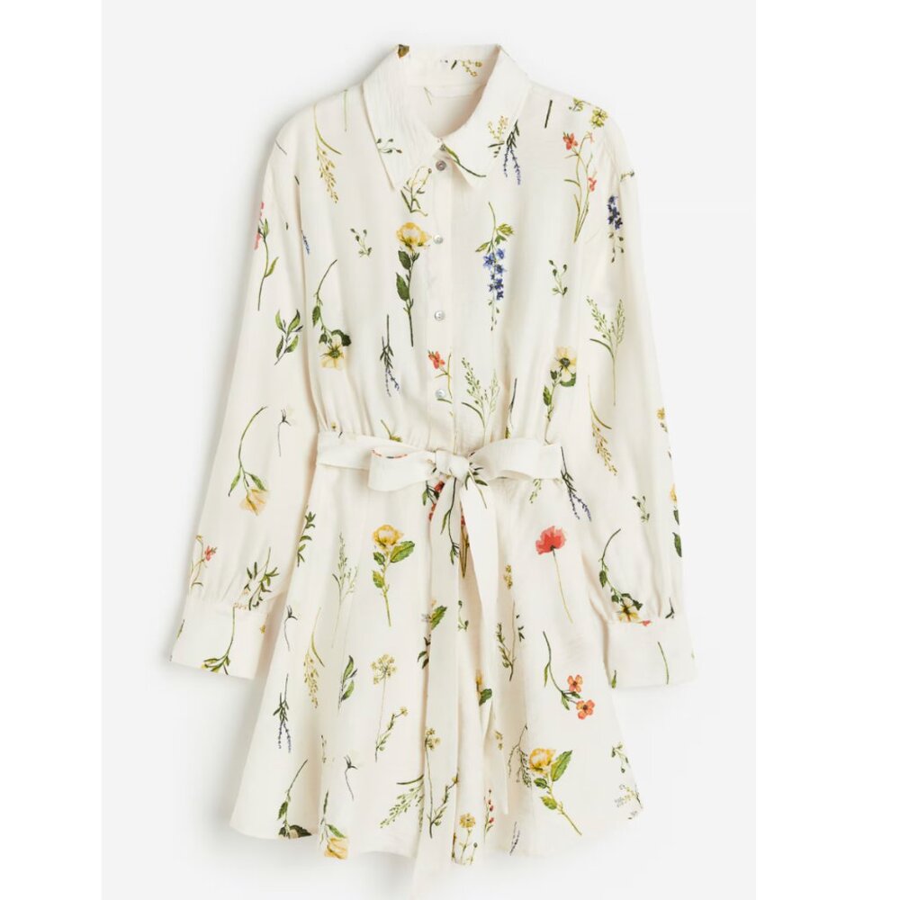 H&M Floral Tie-Belt Shirt Dress – XS Cream Botanical Print Size S $28.99 NWOT